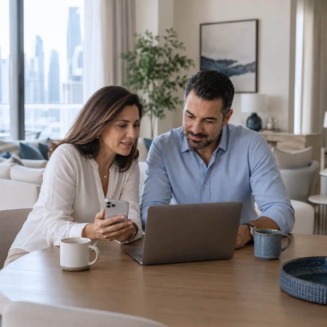 Couple in front of laptop searching for a rental apartment